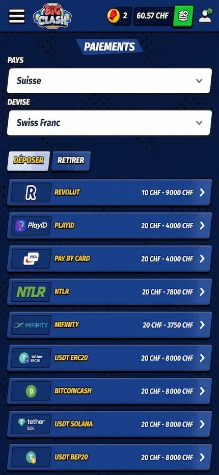 Page des moyens de paiement sur BigClash Sport
