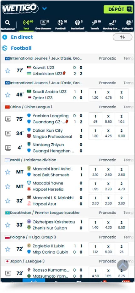 Interface de Wettigo affichant une liste de matchs de football avec les cotes de paris pour le résultat, les buts et le handicap.