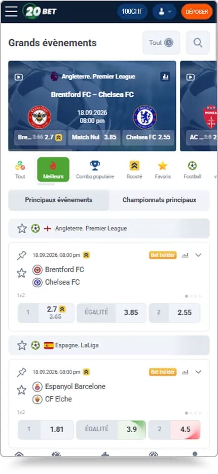 Page des paris sportifs, avec cotes boostées et grands événements du football européen