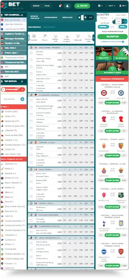 Section sport de 22Bet affichant les principaux matchs européens et les raccourcis football, tennis et hockey sur glace