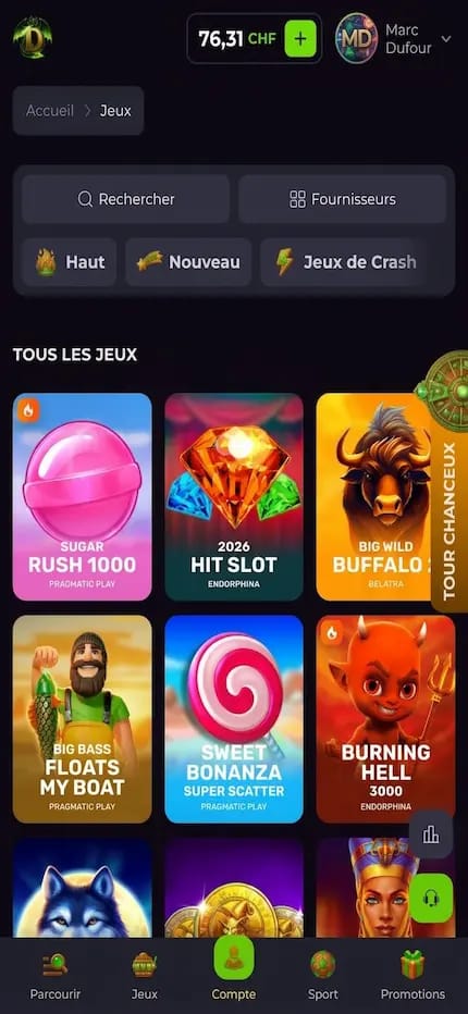 Capture sur ordinateur du lobby de Drakaris Casino