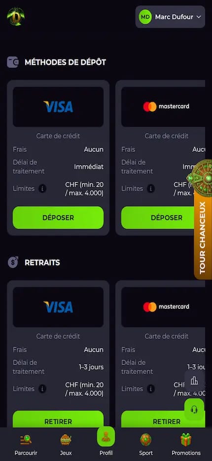Capture sur ordinateur de la caisse de Drakaris Casino