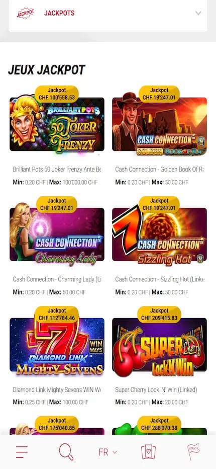Capture web de la sélection de jeux de jackpots sur jackpots.ch