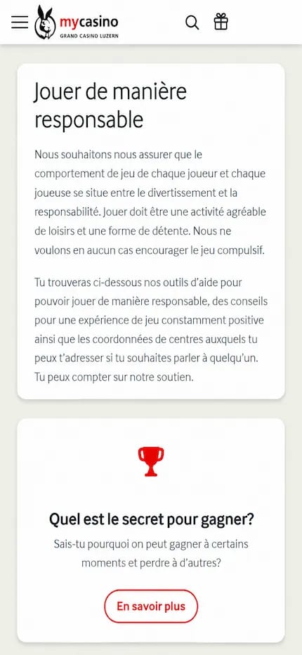 Image de la page de jeu responsable de Mycasino.ch