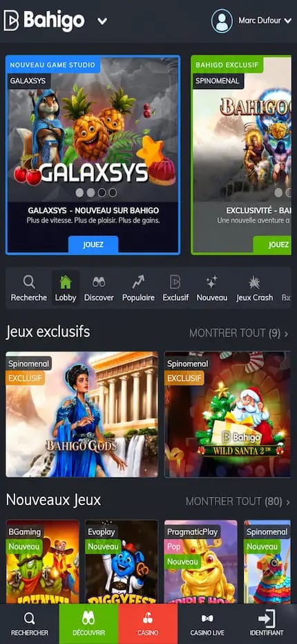 Capture web des différentes catégories de jeux du casino Bahigo